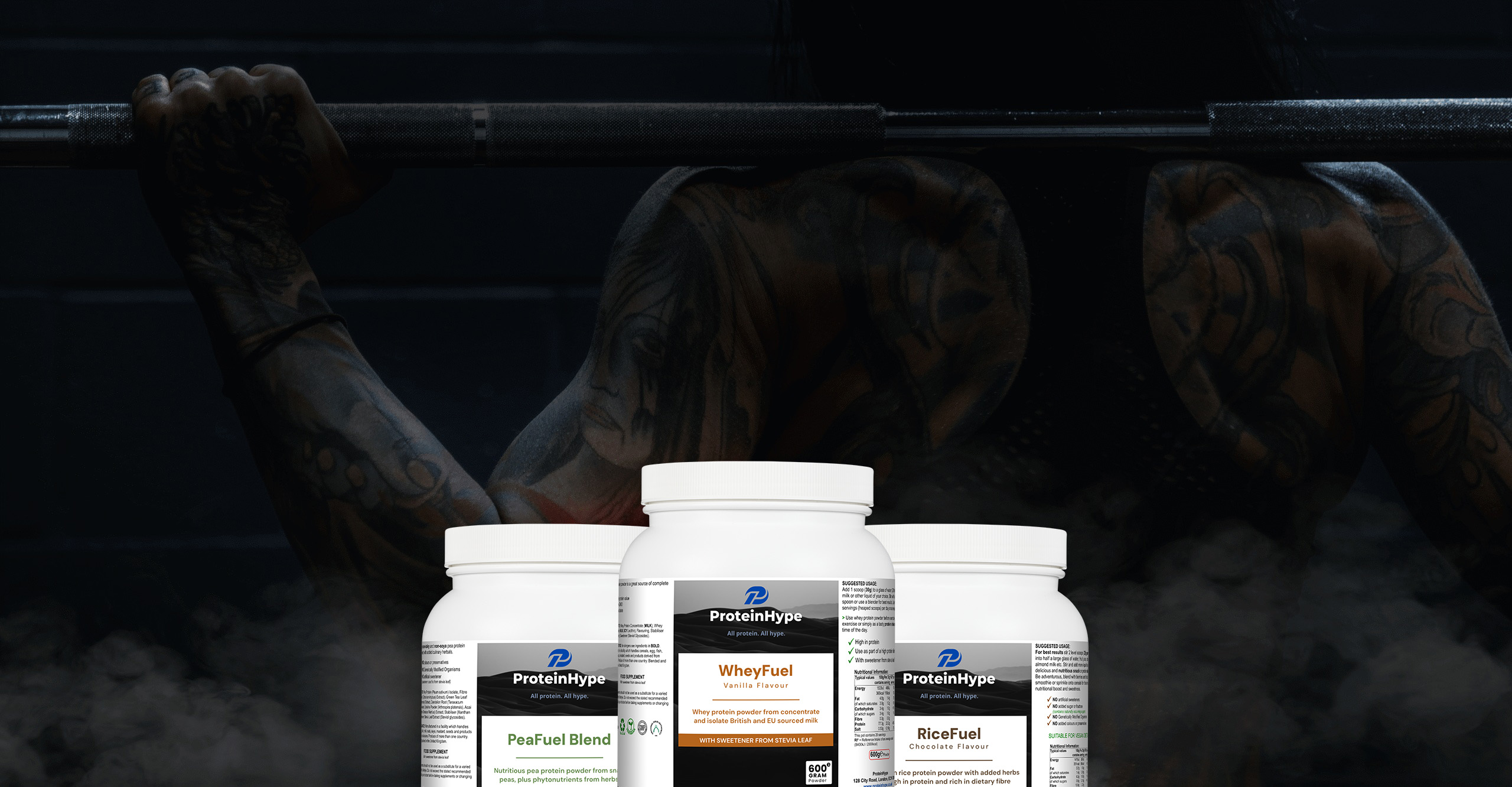 ProteinHype product range featuring Whey Fuel, Pea Fuel Blend, and Rice Fuel protein powders