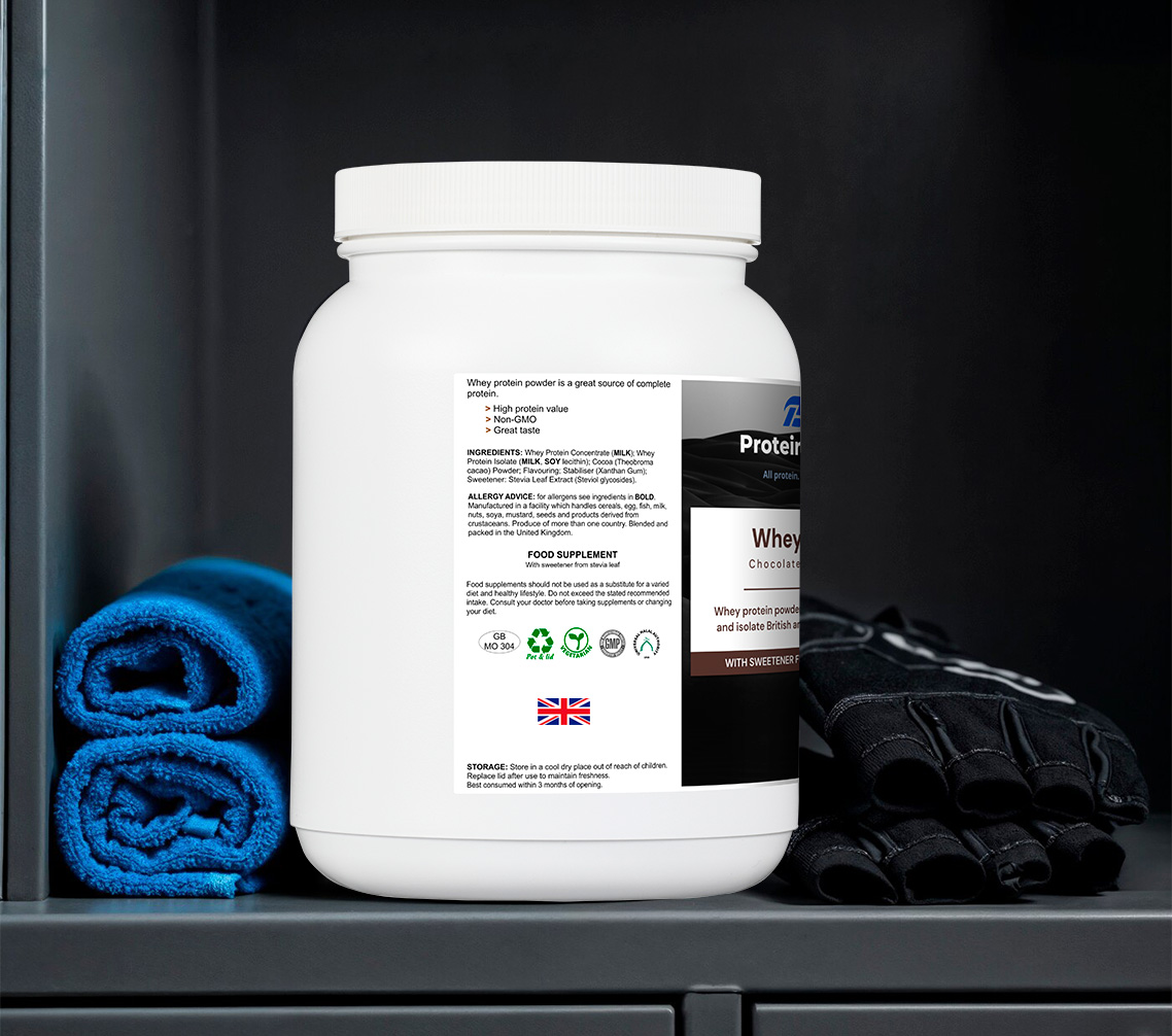 Nutrition label for ProteinHype Whey Fuel chocolate protein powder showing ingredients and allergens